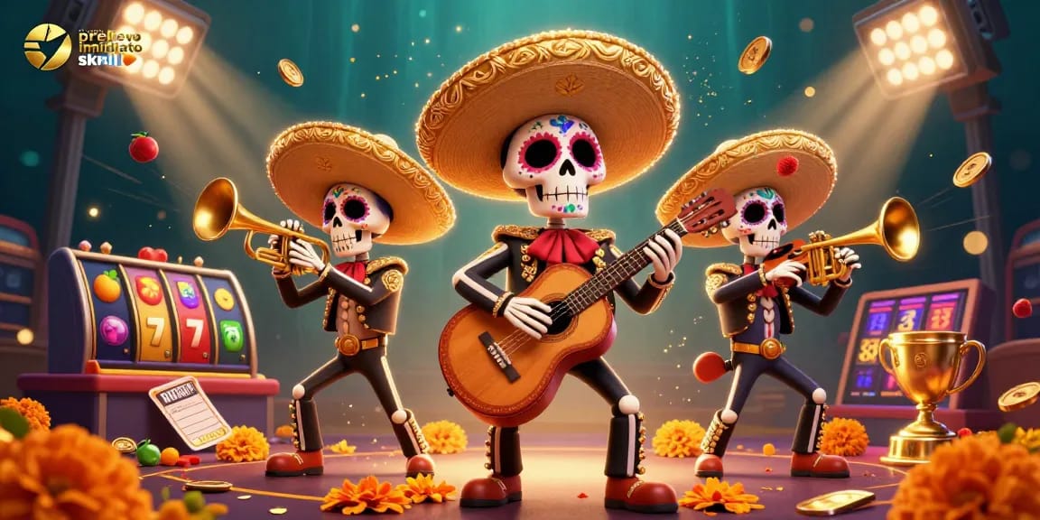 Gioca al casinò con prelievo immediato Skrill con un'illustrazione di mariachi festoso e simboli di slot.