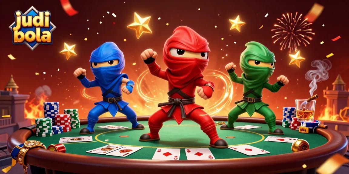 Mengelola taruhan judi bola dengan tim ninja kadal 3D yang dinamis di latar belakang penuh kartu dan chip poker.