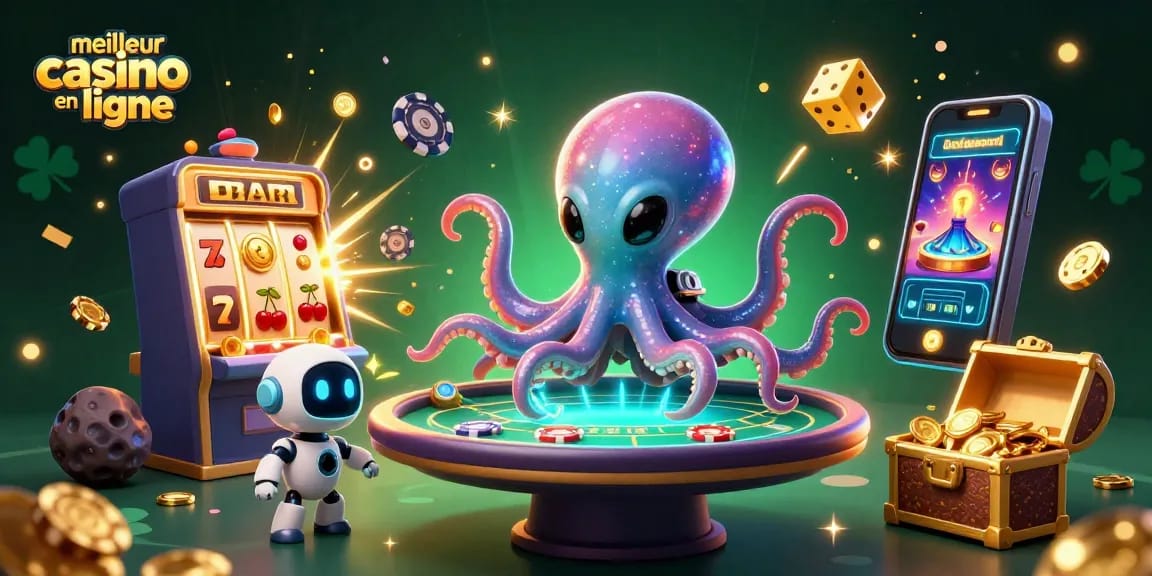 Célébrez au meilleur casino en ligne avec une scène colorée d'un poulpe extraterrestre jouant à des jeux d'argent.