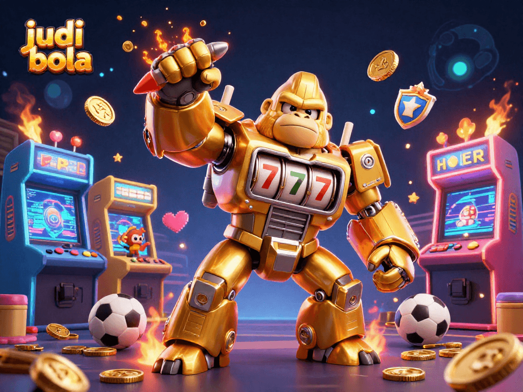Experience judi bola action with a golden gorilla mech and sports elements in this vibrant 3D illustration