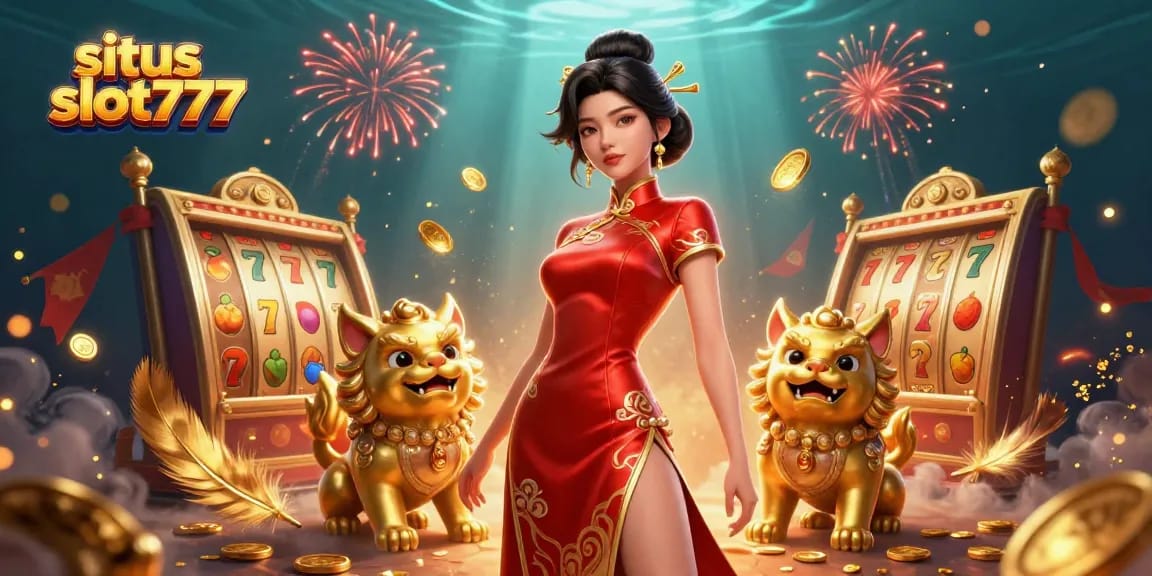 Play exciting games on situs slot777 with a glamorous Asian woman and golden foo dogs amidst dynamic casino elements.