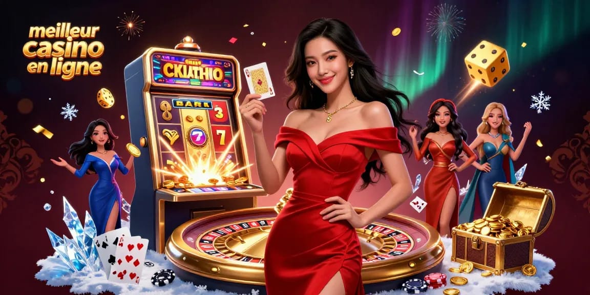 Découvrez des gains palpitants au meilleur casino en ligne avec une jeune femme éblouissante et des éléments de casino structurés.