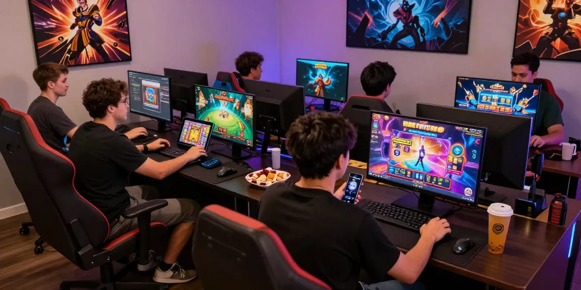 Pengalaman bermain slot online Pasar88 dengan pemain menikmati berbagai permainan di perangkat modern.
