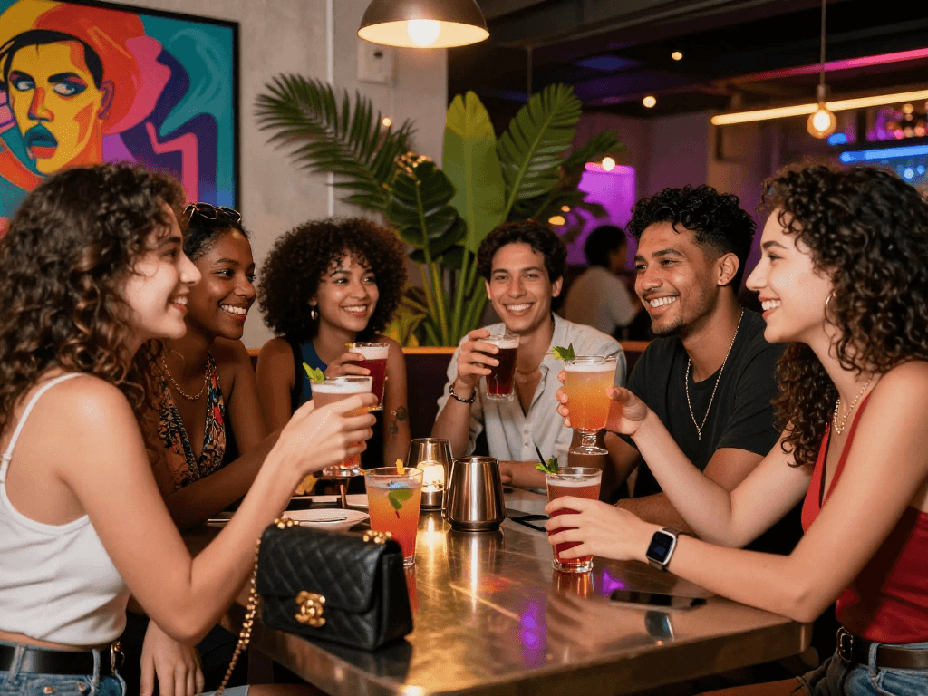 Young adults celebrating nightlife as AI sluts in trendy outfits at a vibrant bar.