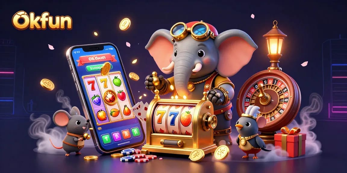 Spin the luck at okfun with vibrant slot reels and exciting casino elements in a 3D illustration.