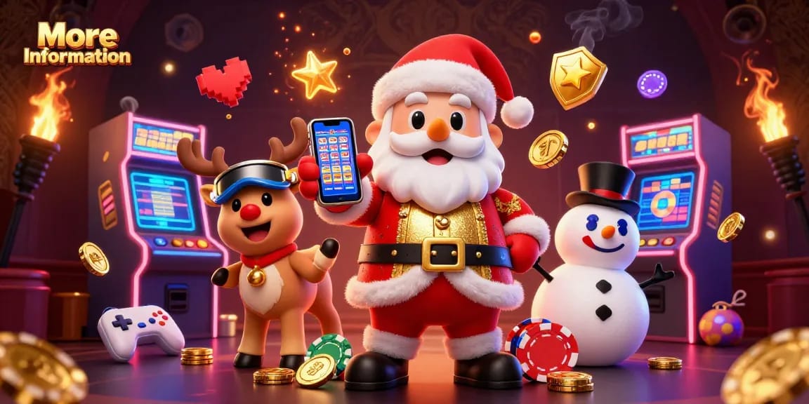 Experience new wins with More Information in a vibrant casino scene featuring Santa and friends.