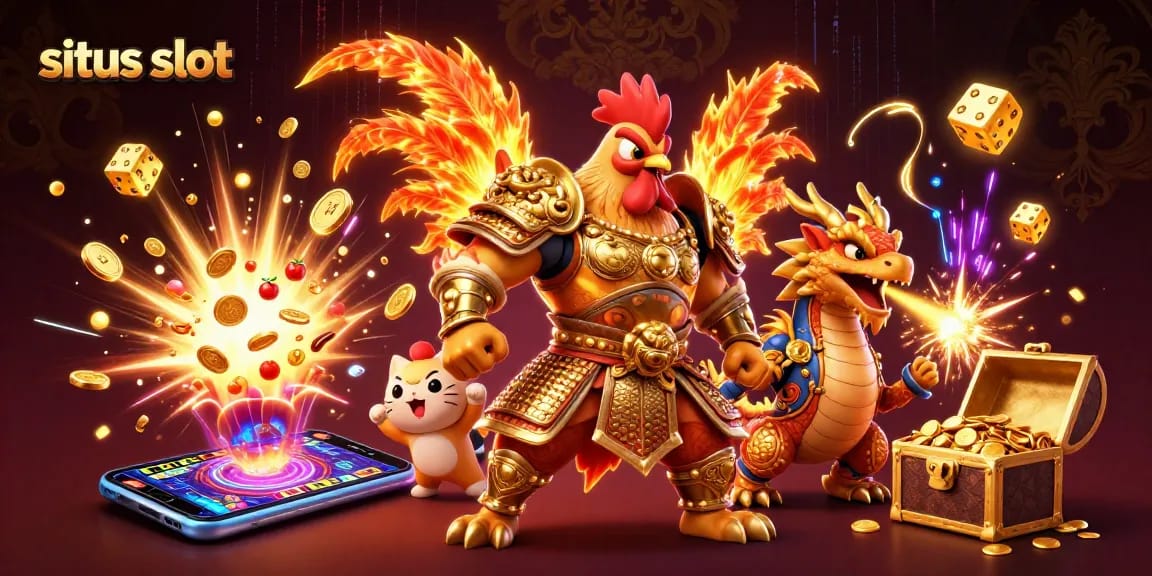 Spin the reels at situs slot with a powerful rooster warrior and a dragon hatchling, celebrating victories!
