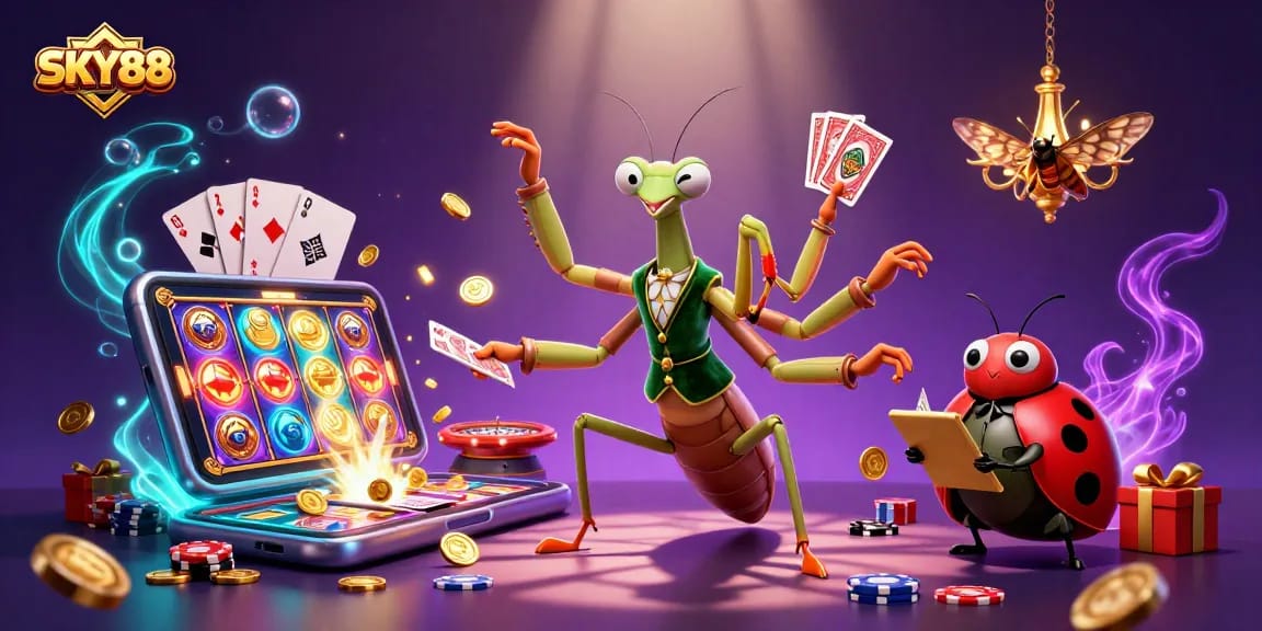 Engage in thrilling gameplay with SKY88's vibrant casino scene featuring dynamic characters and exciting gaming elements.