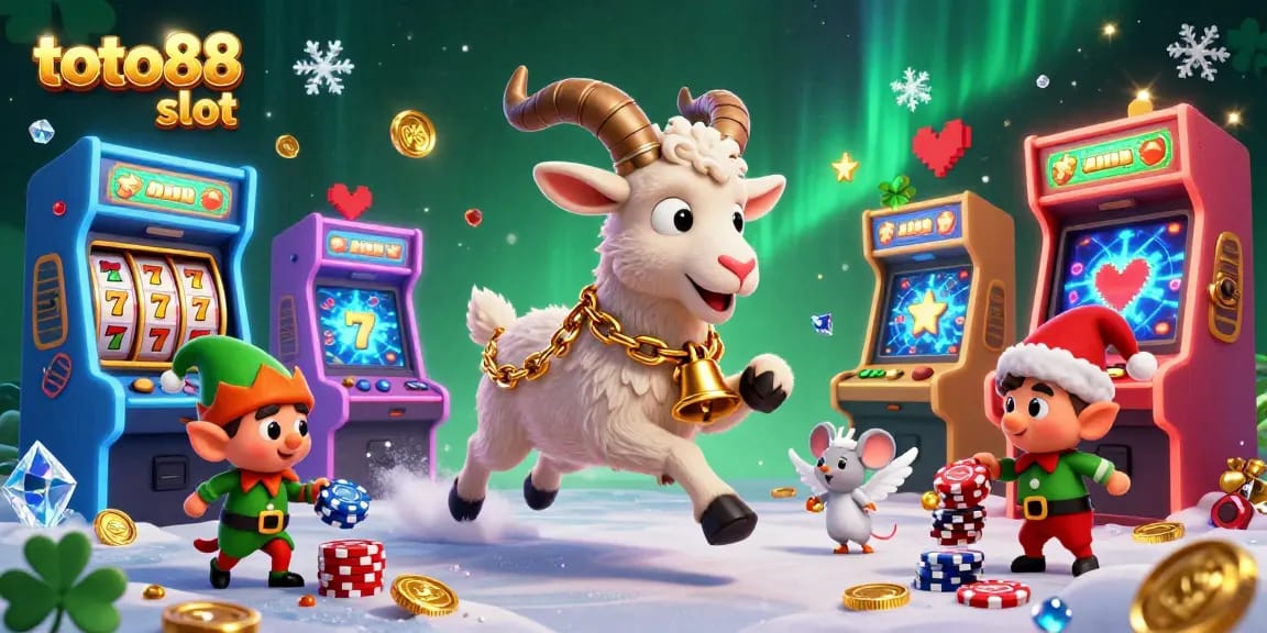Spin the reels at toto88 slot in a festive casino scene with 3D cartoon characters and slot game elements.