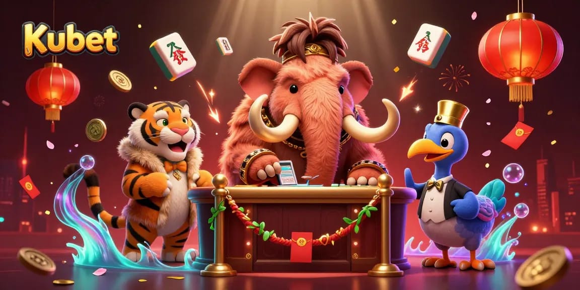 Kubet menghadirkan suasana kasino dengan bouncer mamut wol, tamu VIP harimau saber, dan penjaga pintu dodo dalam ilustrasi 3D menarik.
