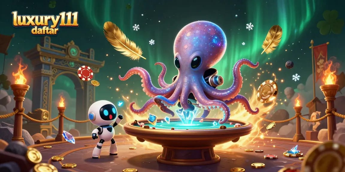 Experience the thrill of luxury111 daftar with an exciting poker scene featuring an alien octopus, robot companion, and cosmic poker chips.
