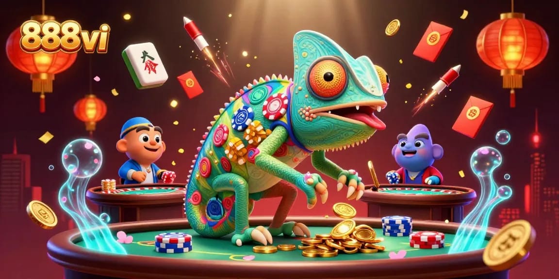 Experience thrilling gameplay at 888vi with vibrant casino elements and an engaging chameleon mascot.