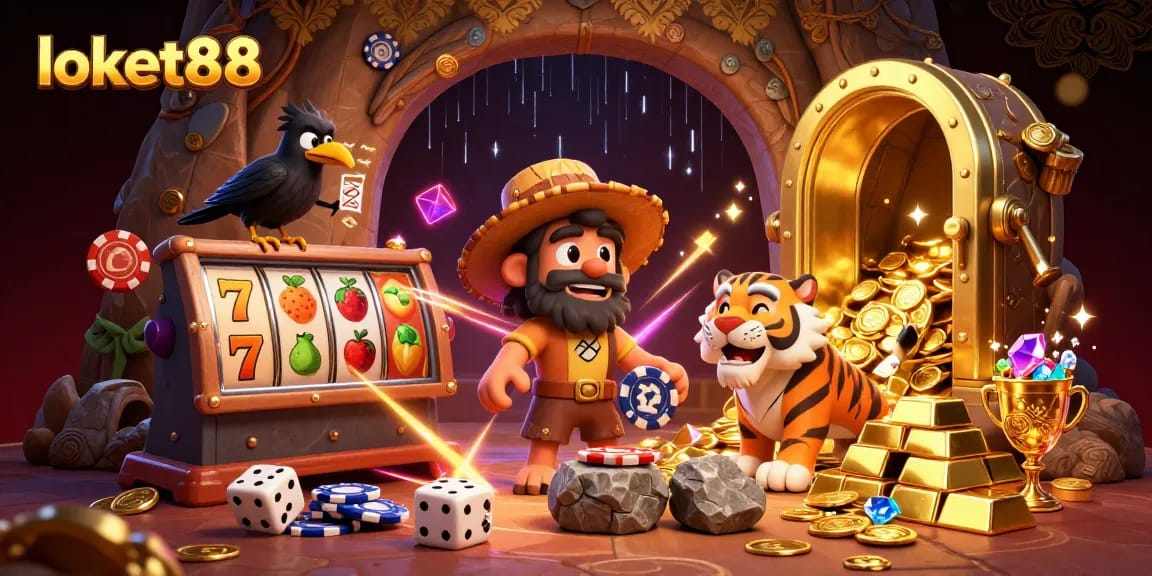 Experience thrilling action at loket88 as the caveman and sabertooth tiger host an exciting prehistoric casino scene.