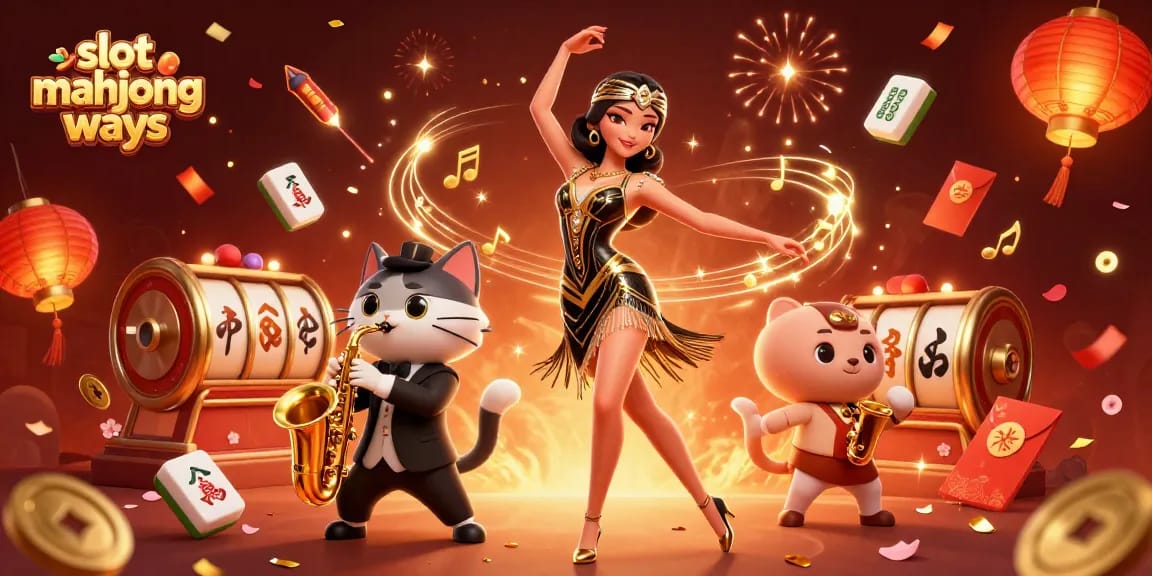 Experience slot mahjong ways with vibrant characters, festival elements, and celebratory visuals.