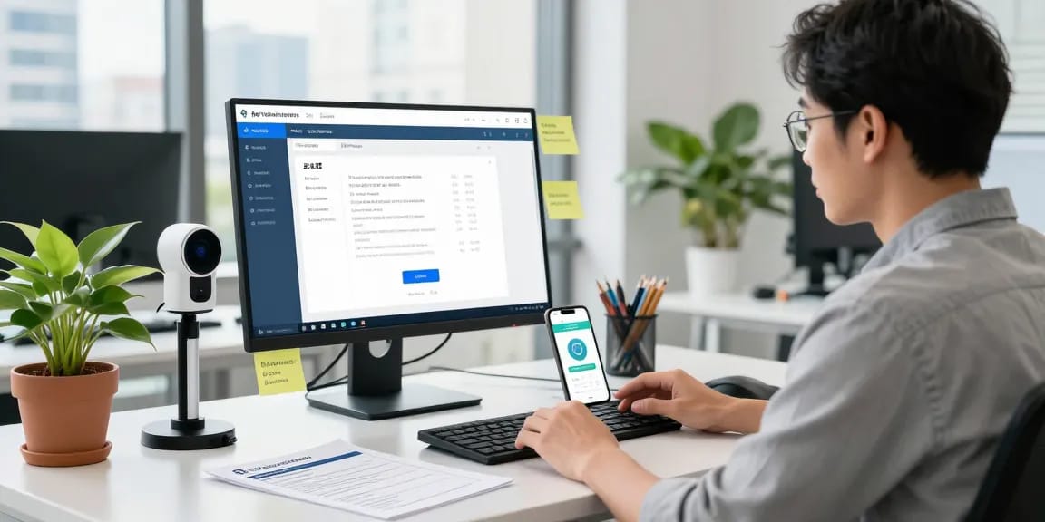 Implementing an age verification system with tech essentials and compliance guidelines in a modern workspace.