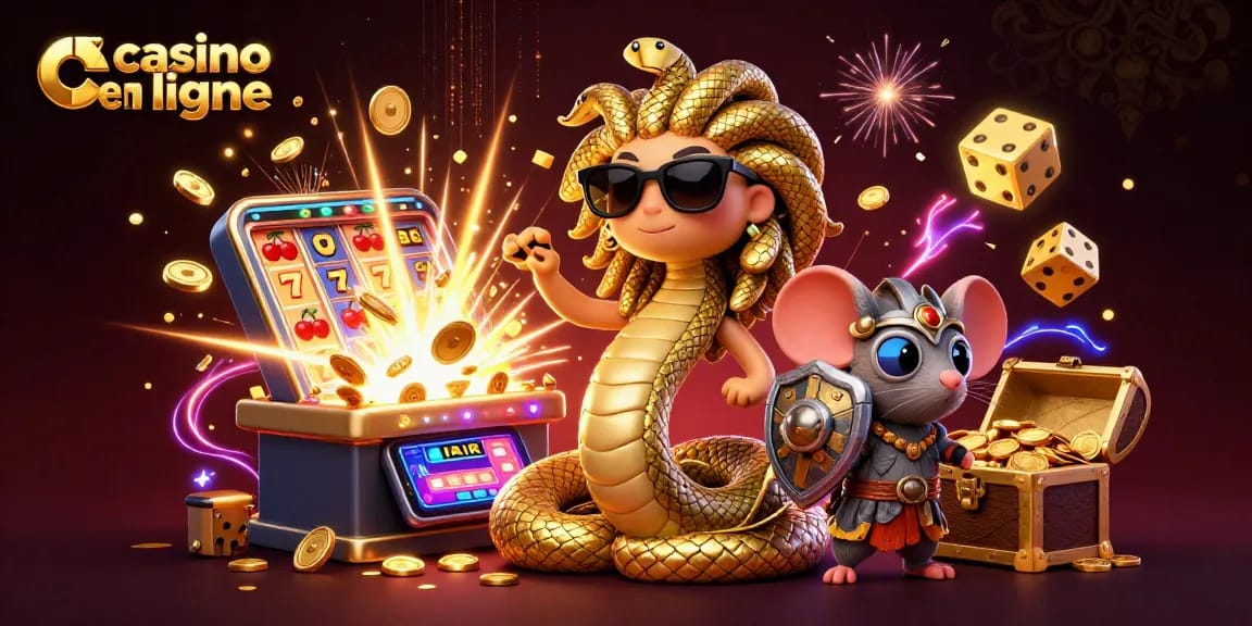 Jouez au casino en ligne avec une illustration dynamique de Méduse et guerrier, machines à sous et gains.