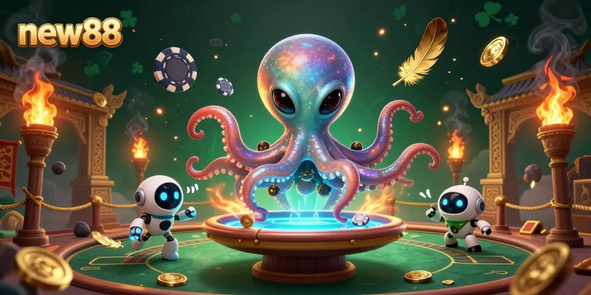 Engage with the thrilling world of new88 through a vibrant illustration of an alien octopus at a holographic poker table.