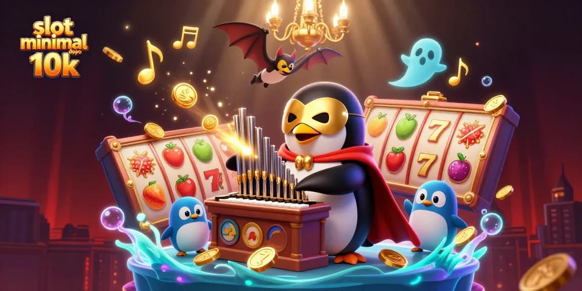 Memainkan slot minimal depo 10k dengan penguin opera 3D, simbol keberuntungan, dan koin emas.