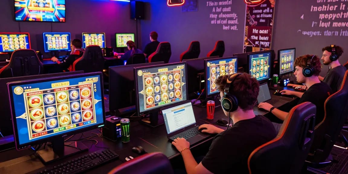 Engaging online gaming atmosphere with diverse players enjoying เว็บสล็อต pg ทั้งหมด slot games on multiple screens, showcasing excitement and interaction.