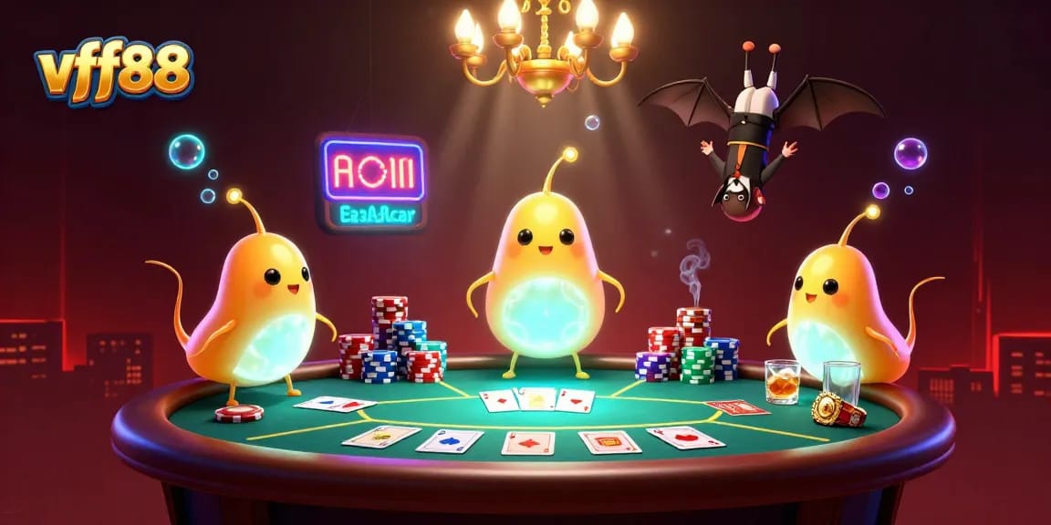 Experience the vibrant gaming atmosphere of vff88 with glowworms lighting up a lively poker scene.