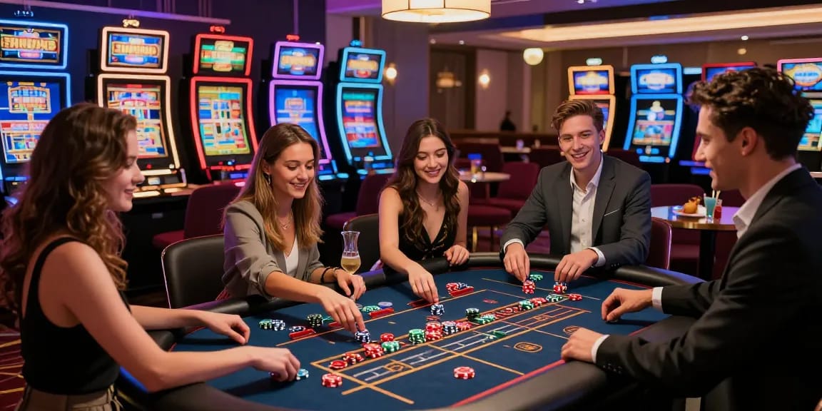 Exciting scene of migliori casinò online non aams with friends playing roulette and enjoying casino ambiance