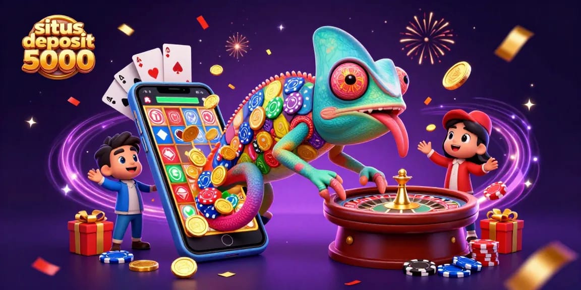 Experience excitement with situs deposit 5000, as slots and coins fly in a vibrant casino scene.