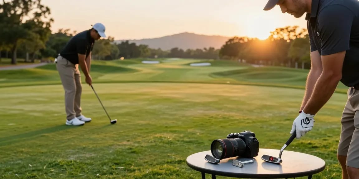 Pengulas putter di atas green golf dengan https://puttperfection.com/putter-reviews dan berbagai desain putter di meja.