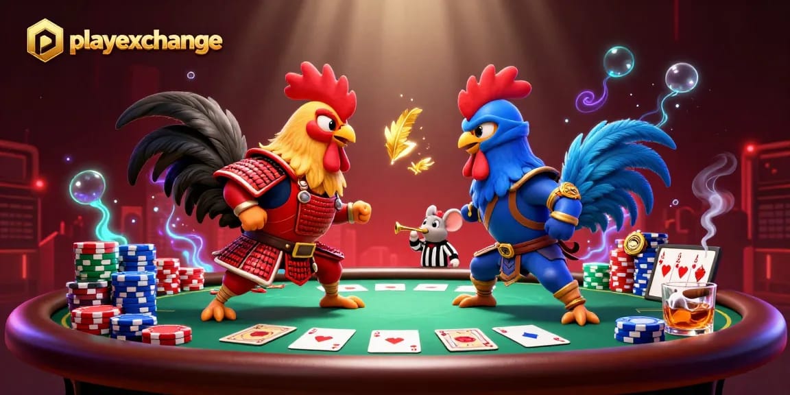 Playexchange brings intense action with roosters in combat over a lively casino table scene.