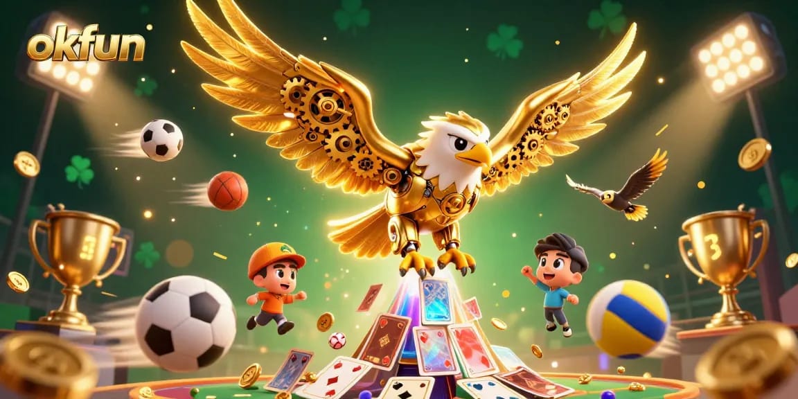 okfun features a dynamic 3D illustration with a cybernetic eagle amidst flying sports elements and holographic cards.