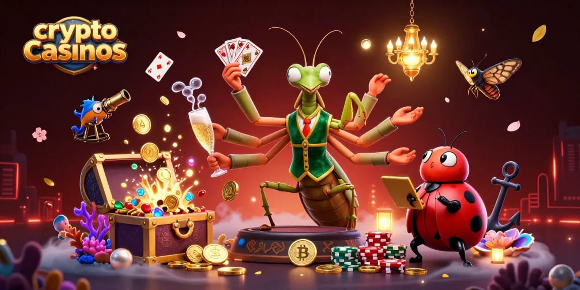 Découvrez les crypto casinos : une illustration dynamique avec des personnages de casino et des éléments de jeu colorés.