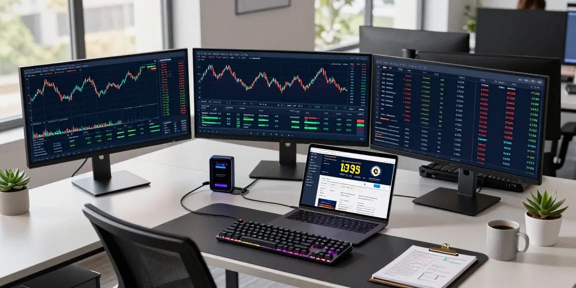 Cricbet99 trading environment with multiple monitors showing crypto prices, DeFi platform metrics, and a digital wallet setup for secure trades.