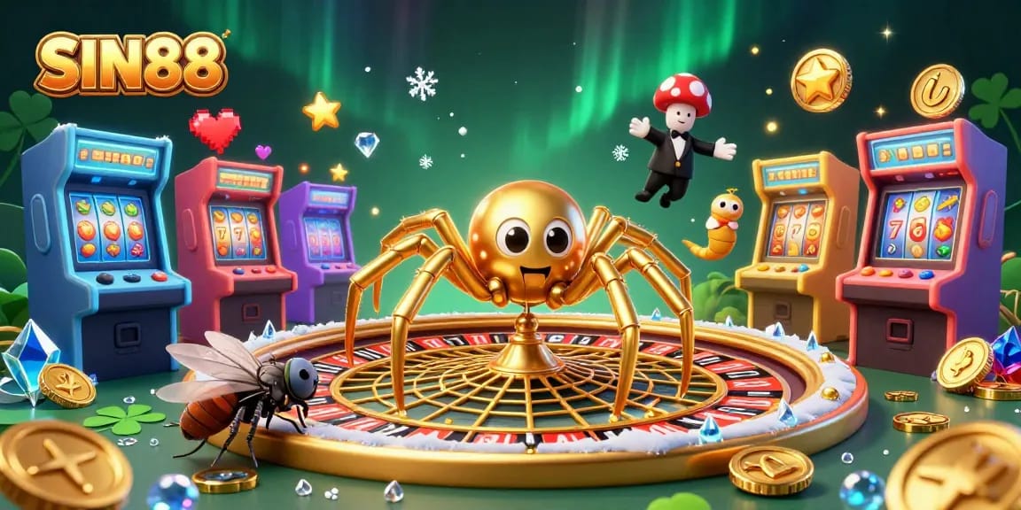 Place your bets with SIN88 as a golden spider spins a roulette web in a vibrant casino scene.