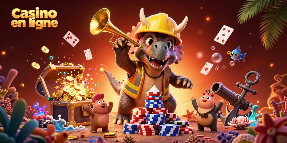 Découvrez les jeux de casino en ligne dans une scène dynamique avec un triceratops et d'autres personnages.