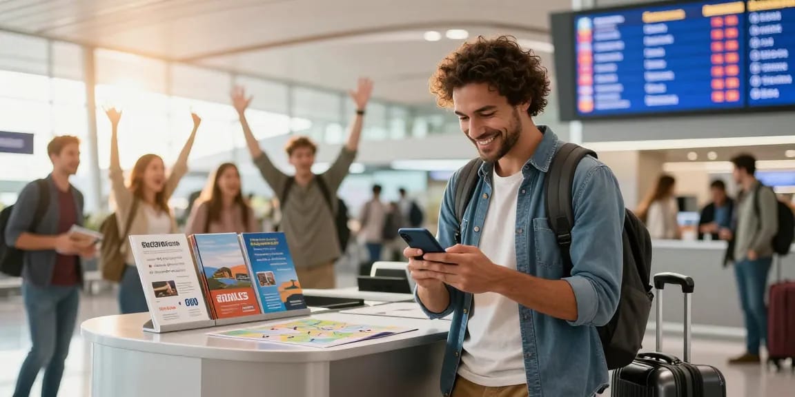 Happy traveler at airport checking saily esim coupons on smartphone while planning their next trip.
