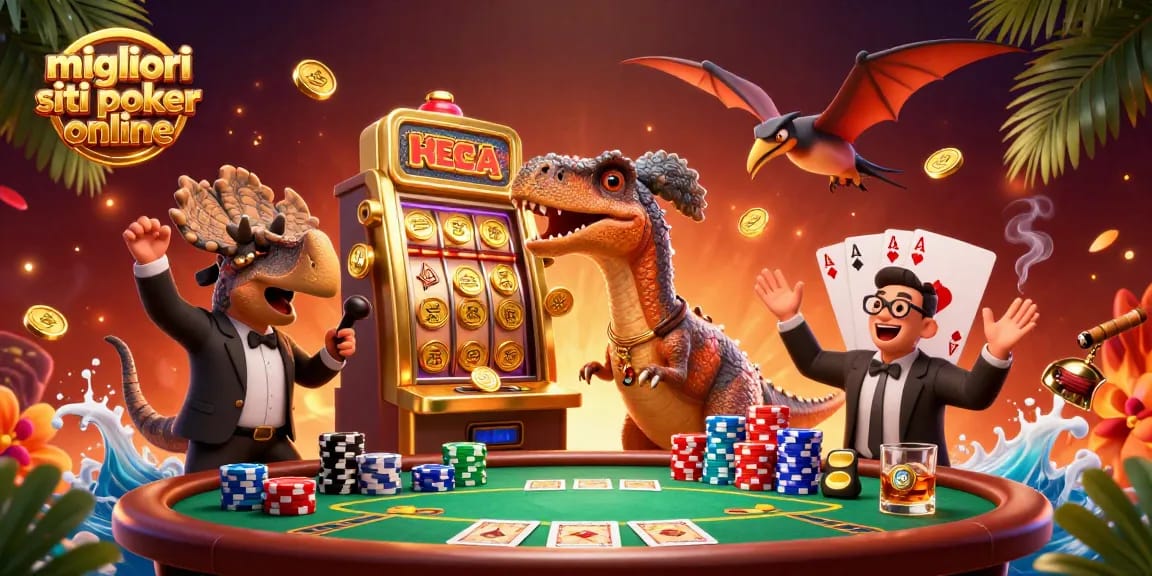 Migliori siti poker online: pteranodonte e pachicefalosauro nel casinò mentre raccolgono gettoni.