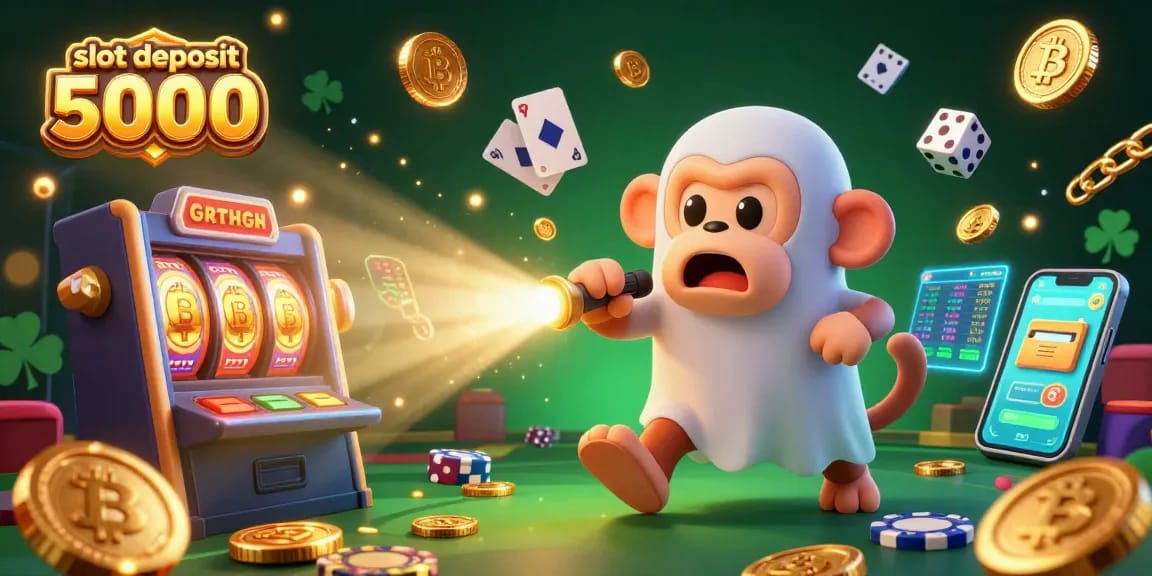 Experience the thrill of slot deposit 5000 with a mischievous monkey and a ghost-hunter puppy in an enchanting casino.