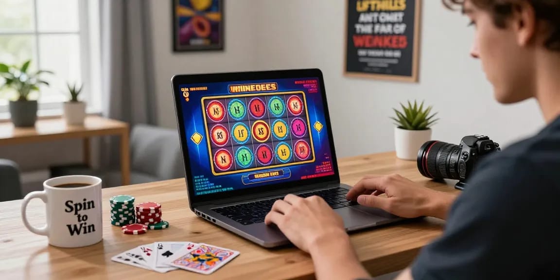 Player engaged with slot online, surrounded by gaming elements in a cozy home office.