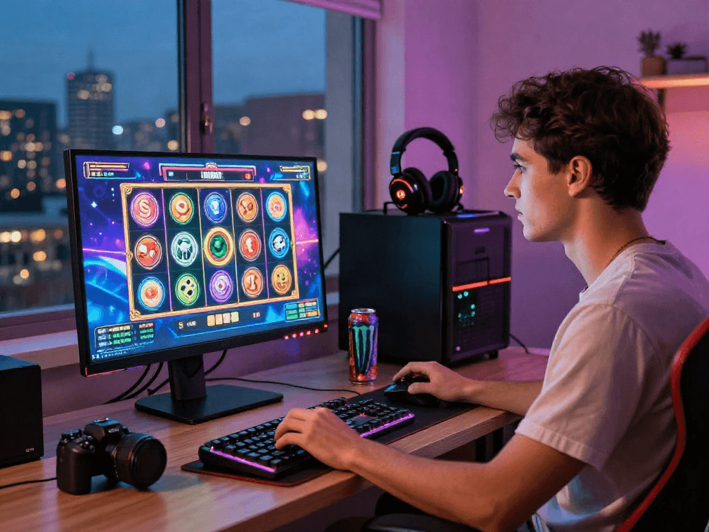 Engaging young adult playing bandar slot games on a high-resolution monitor, vibrant gaming environment.
