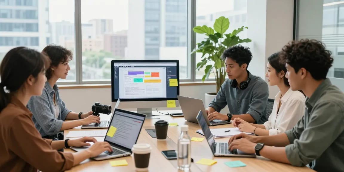 Team collaborating in a modern office workspace for wps下载, showcasing productivity and technology.