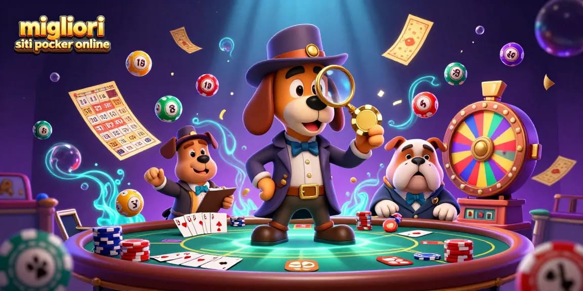 Migliori siti poker online con un detective e un bulldog tra poker e biglietti dorati, atmosfera di gioco vibrante.