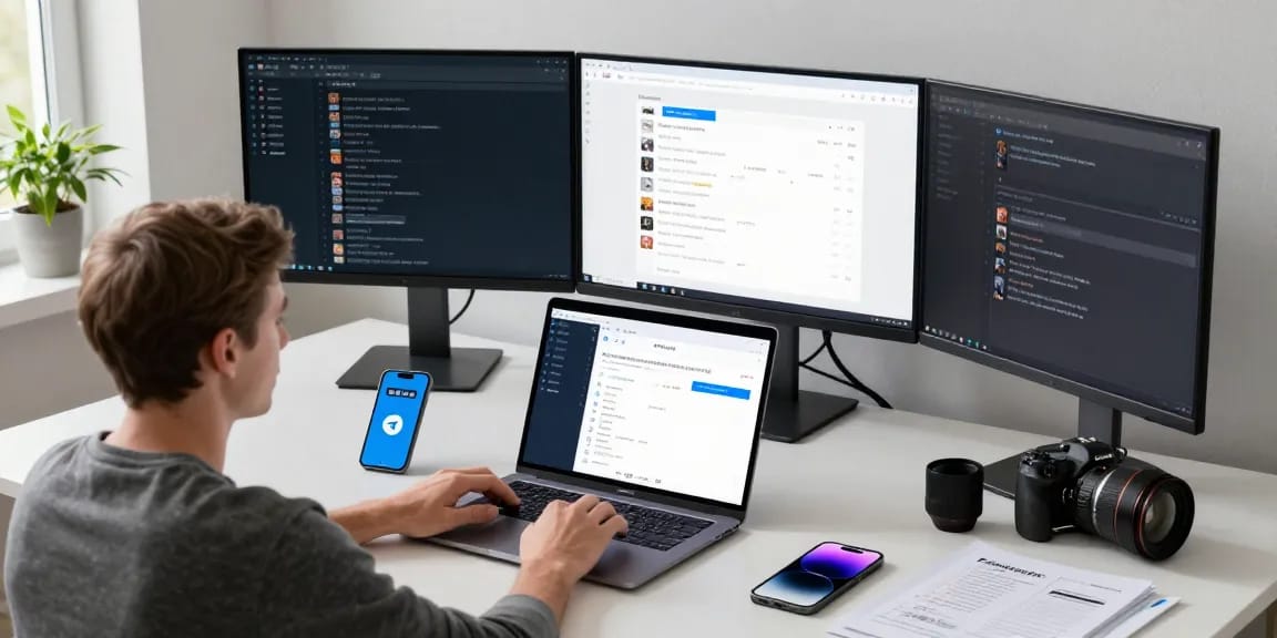 Illustration of a user navigating telegram china desktop on a modern laptop setup with Chinese interface.