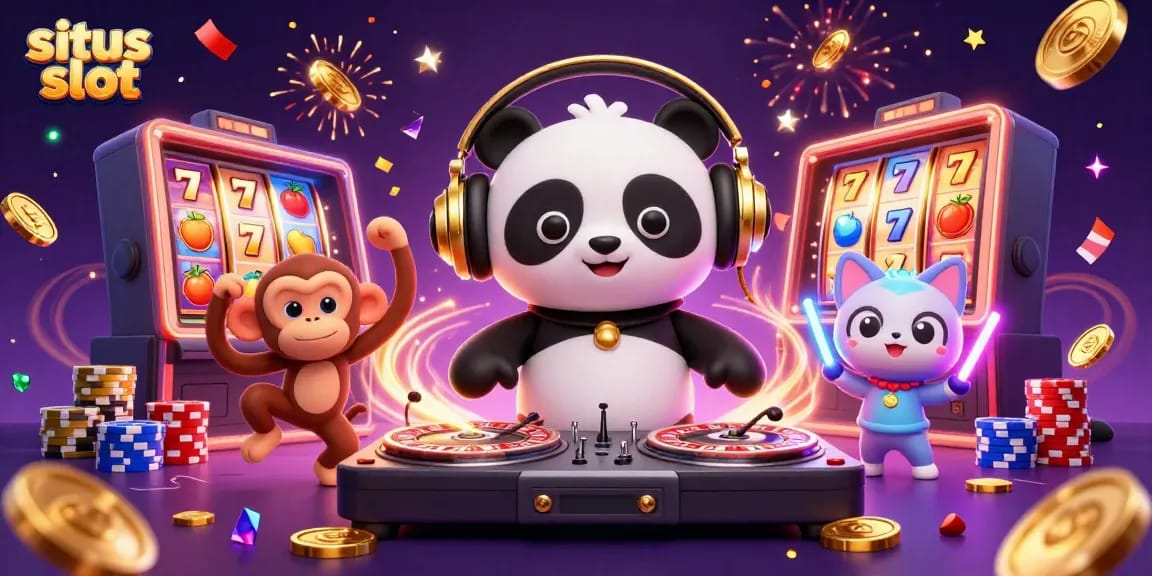 Sparkling casino scene of a DJ panda with a breakdancing monkey and glowing kitten, showcasing situs slot excitement in an engaging 3D illustration.