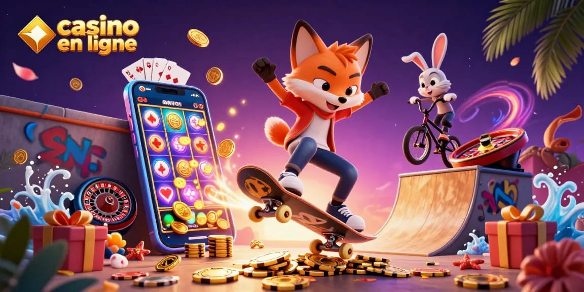 Découvrez l'excitation du casino en ligne avec une scène dynamique mettant en vedette un renard skateur et un lapin BMX.