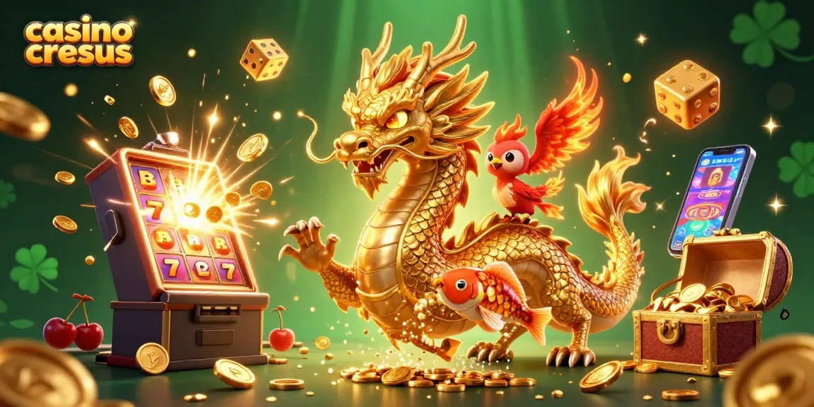 Expérience immersive du Casino Cresus illustrée par un dragon doré, un phénix rouge et des poissons koi entourés de machines à sous et d'éléments de casino.