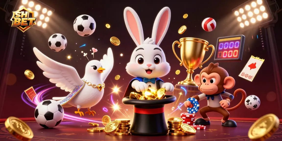 SH BET showcases a lively casino atmosphere with a magician rabbit pulling coins, creating excitement for players.