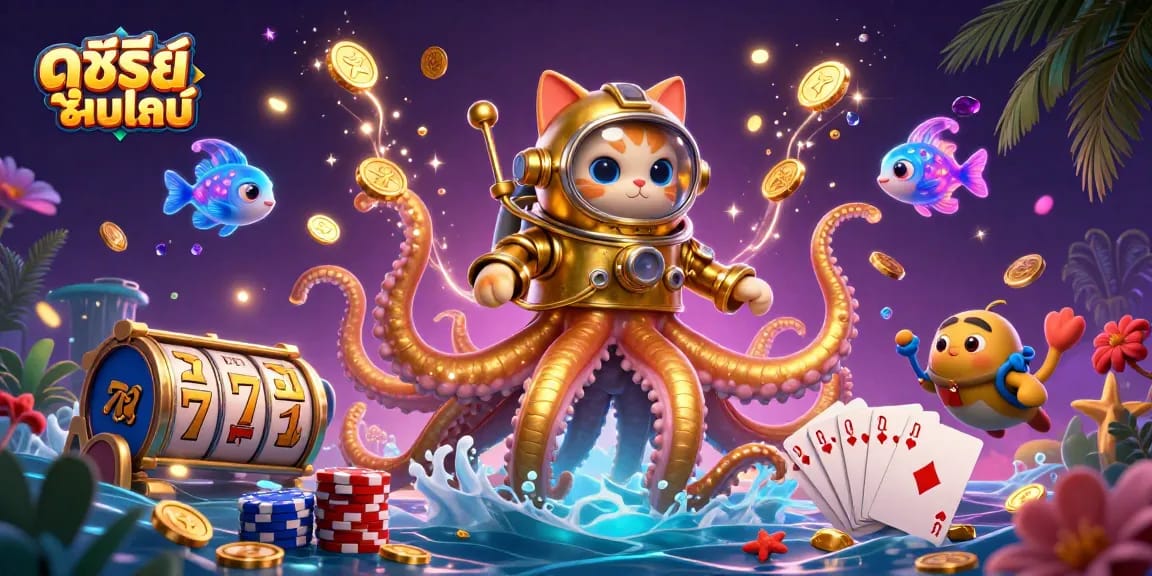 Engage in ดูซีรี่ย์ออนไลน์ with a dynamic scene featuring a kraken and diving cat amidst vibrant casino elements.