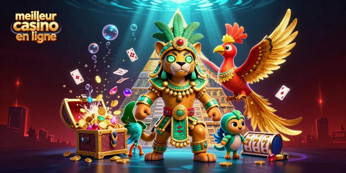 Experience the thrilling meilleur casino en ligne with vibrant 3D illustrations showcasing lively characters, slot elements, and underwater treasure.