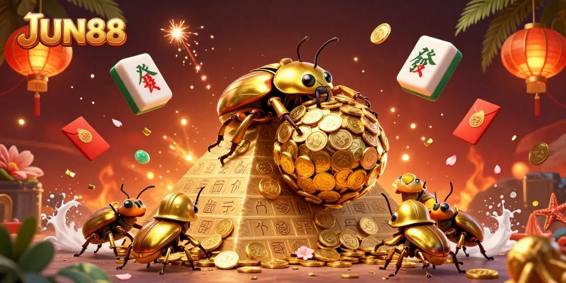 Experience thrilling casino gameplay with JUN88, featuring a gold dung beetle and vibrant gaming elements.