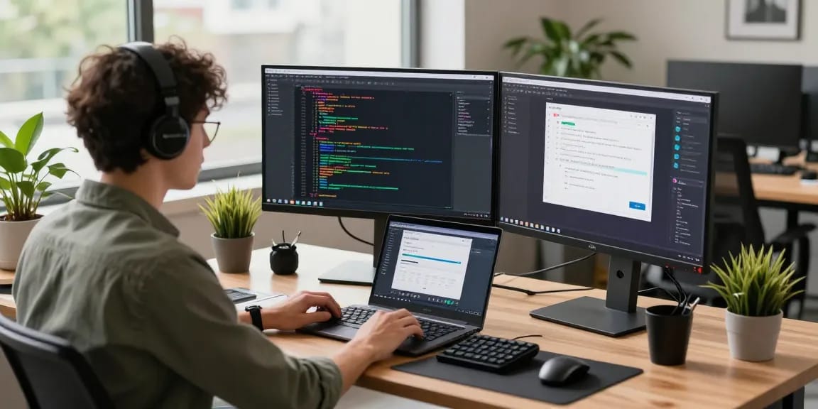 Developer coding at a standing desk with dual monitors displaying vibrant code and design software, illustrating 纸飞机中文版 usage in a modern tech workspace.