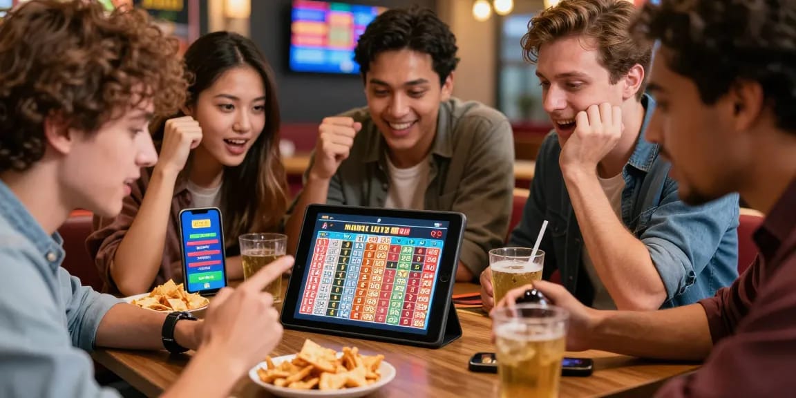 Pengguna ratutogel menikmati pengalaman taruhan togel online dengan tablet, menampilkan suasana ceria dan interaksi sosial.